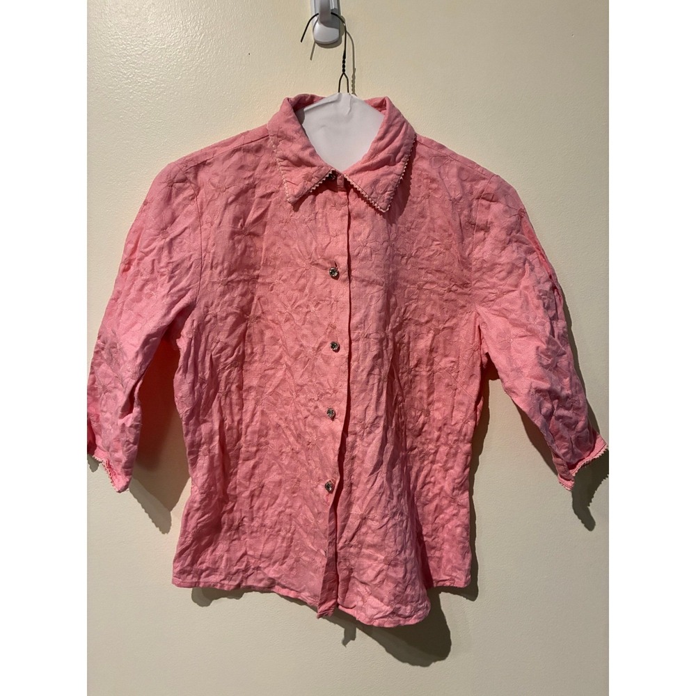 Richard Malcolm Pink Irish Linen Floral Embroidered Button Up Shirt Small